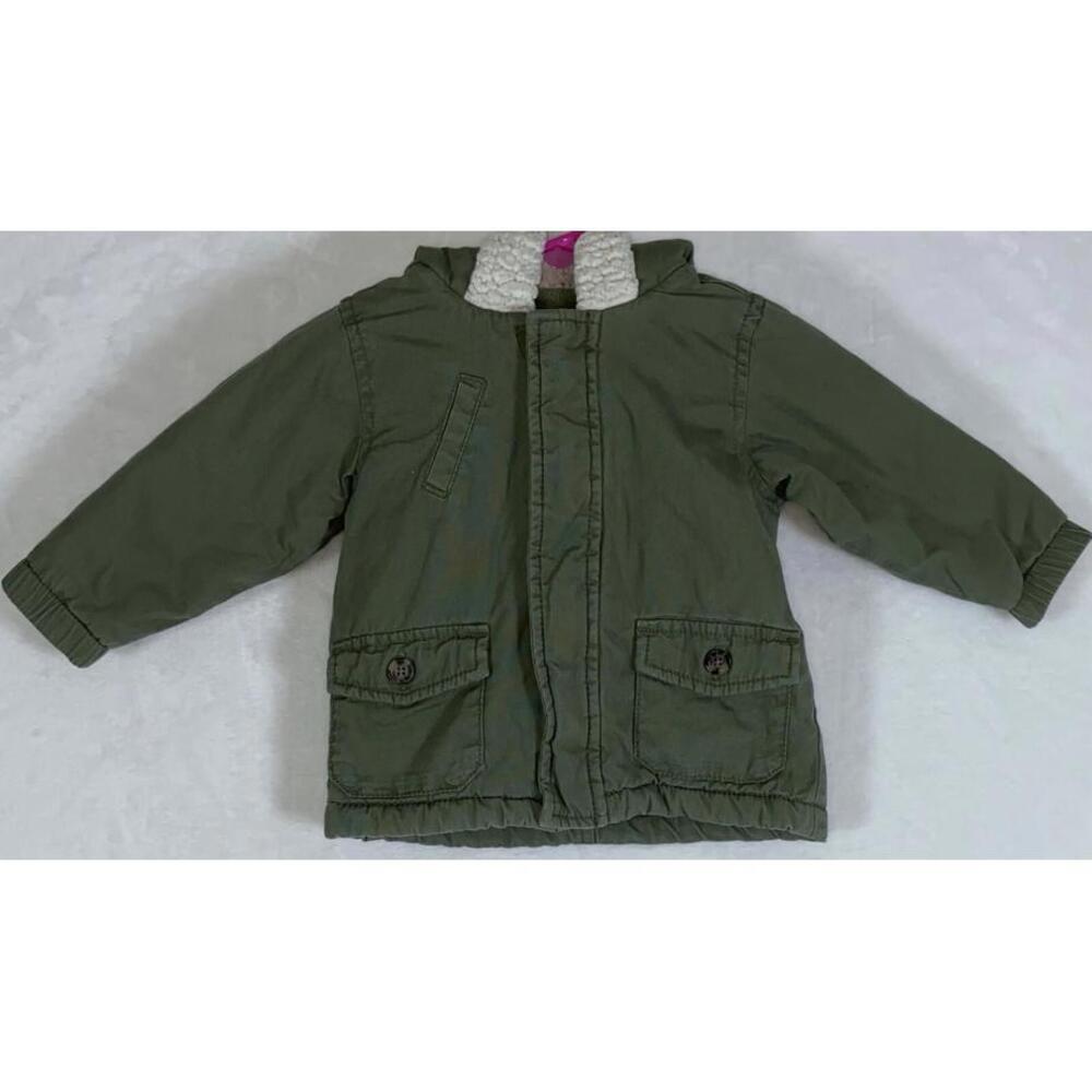 Old Navy 12-18 Months Baby Military Cargo Hooded Jacket Olive Green Snaps EUC